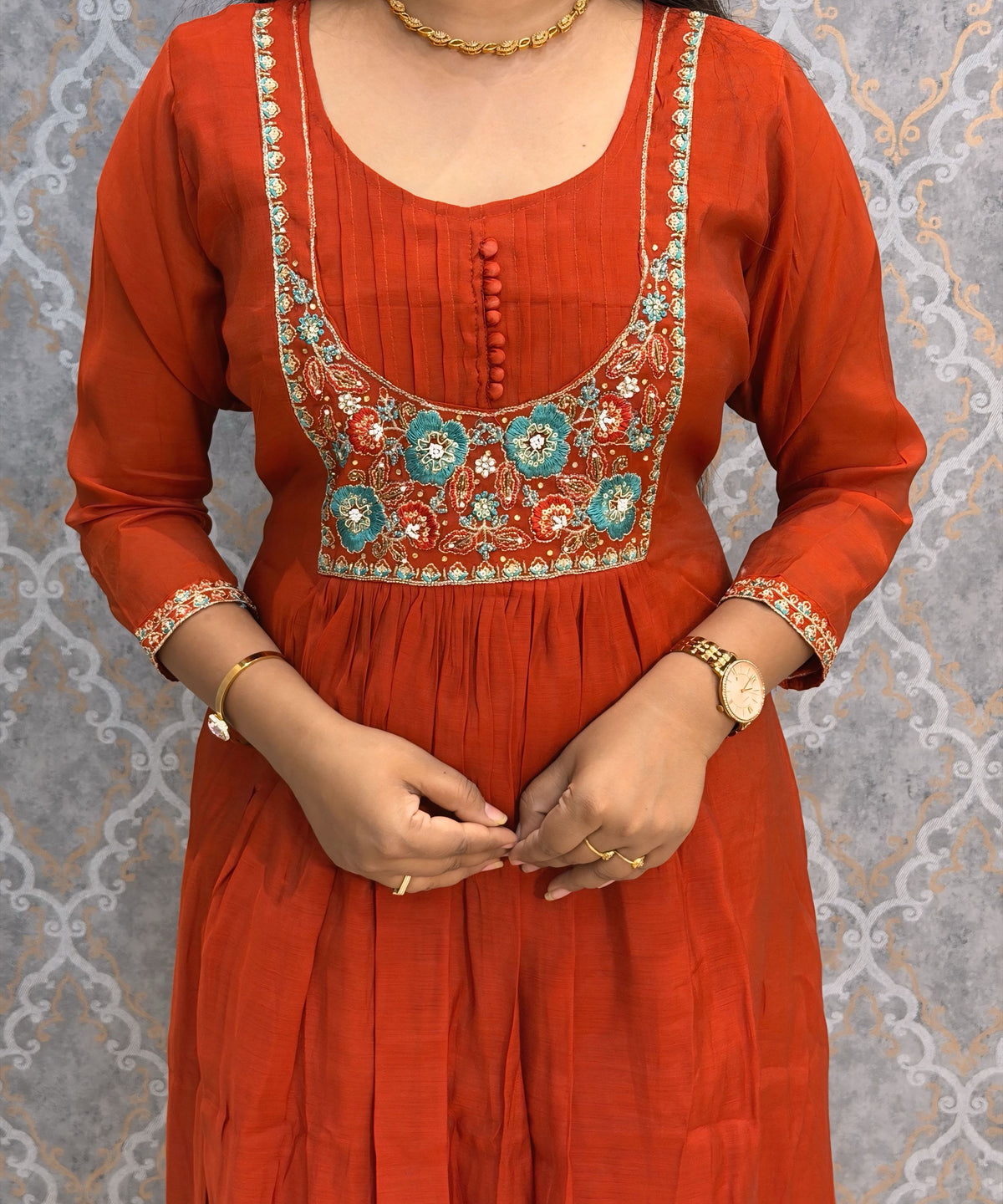 Rust Orange and Blue Color Premium Mul Chanderi Silk Ethnic 3 Piece Salwar Set with Lining /  ESS425