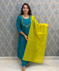 Rama Green and Lemon Yellow Color Premium Mul Chanderi Silk Ethnic 3 Piece Salwar Set with Lining /  ESS425