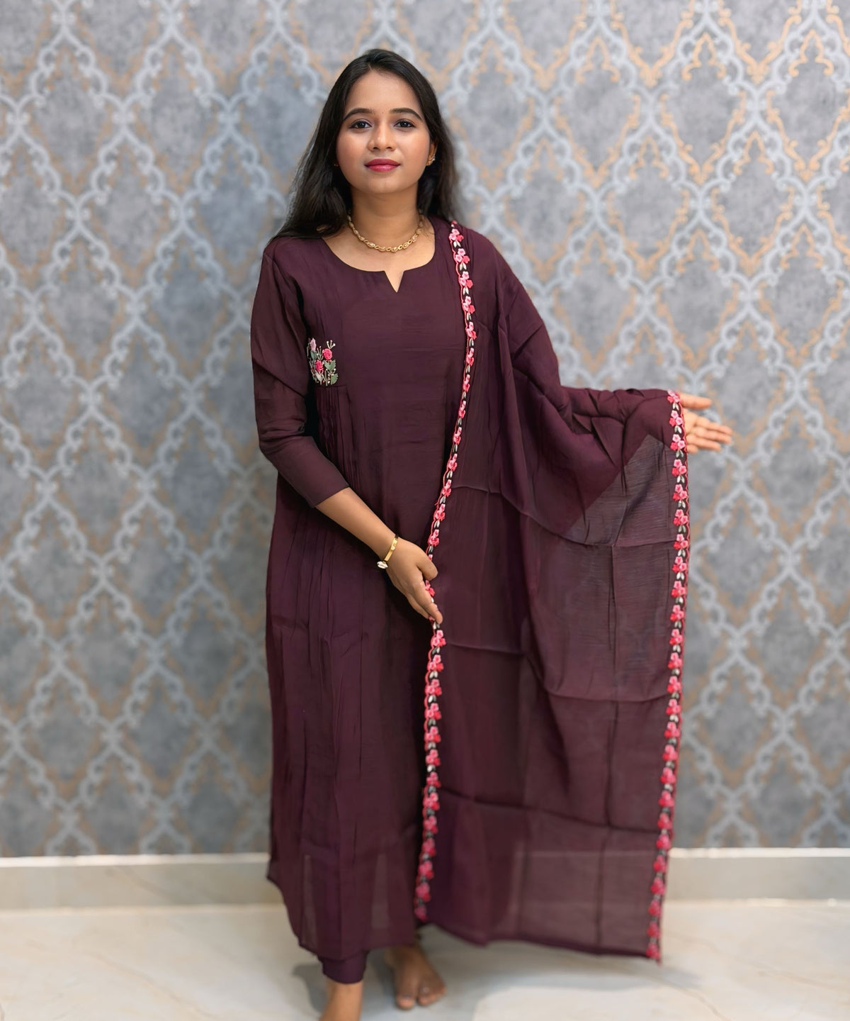 Dark Purple Color Premium Mul Chanderi Silk Ethnic 3 Piece Salwar Set with Lining /  ESS425