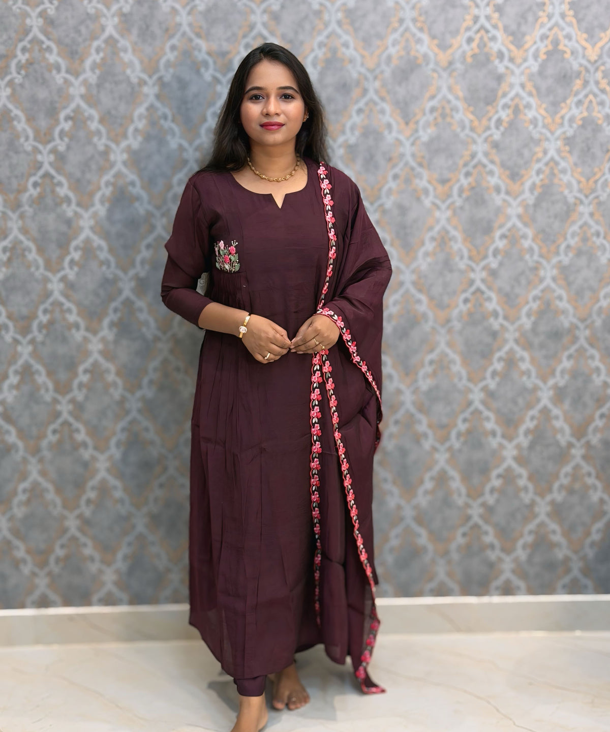 Dark Purple Color Premium Mul Chanderi Silk Ethnic 3 Piece Salwar Set with Lining /  ESS425