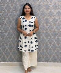 White and Navy Blue Color Premium Mul Cotton Coord Set with Sleeves / ESS417