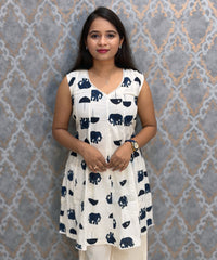 White and Navy Blue Color Premium Mul Cotton Coord Set with Sleeves / ESS417