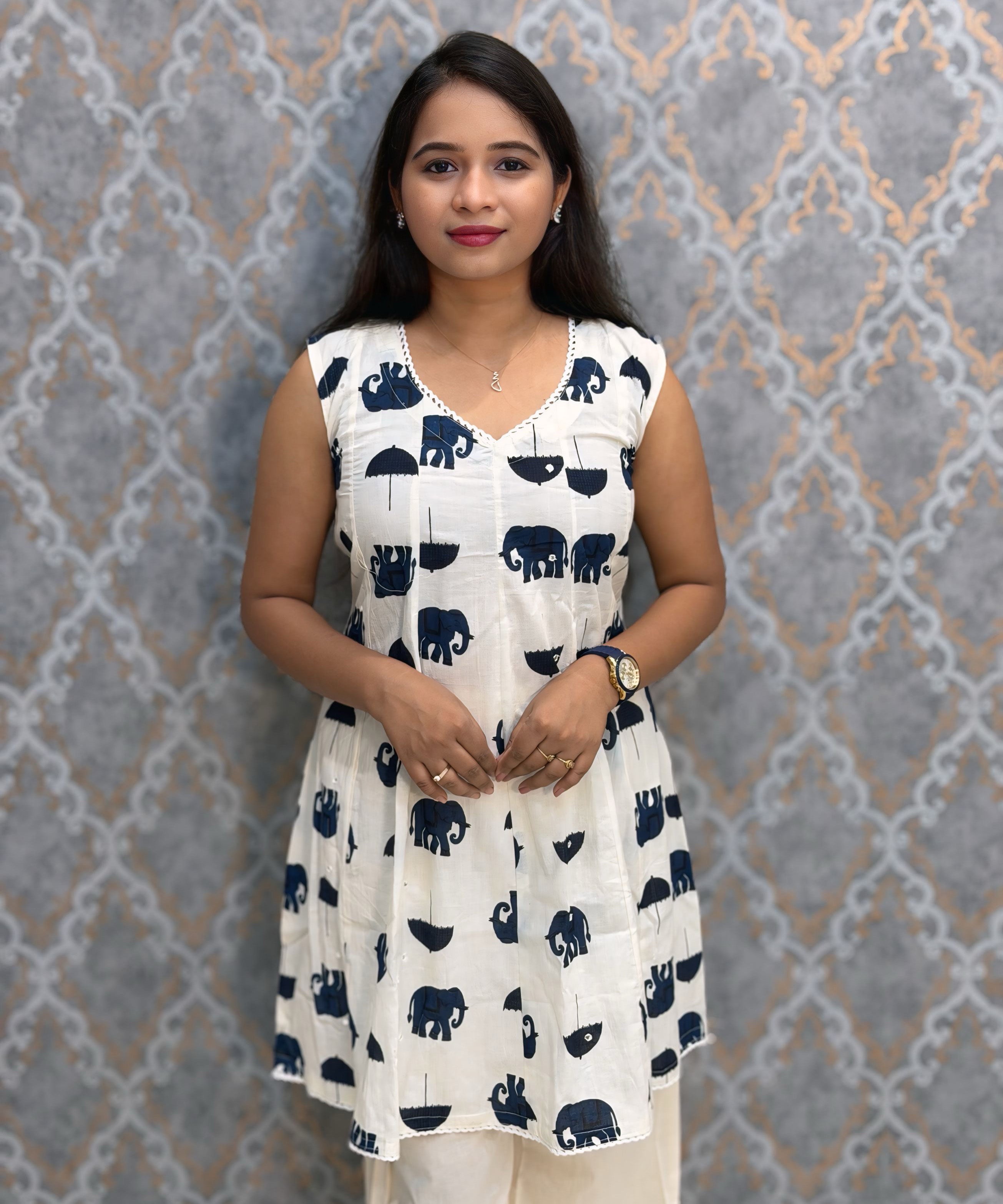 White and Navy Blue Color Premium Mul Cotton Coord Set with Sleeves / ESS417