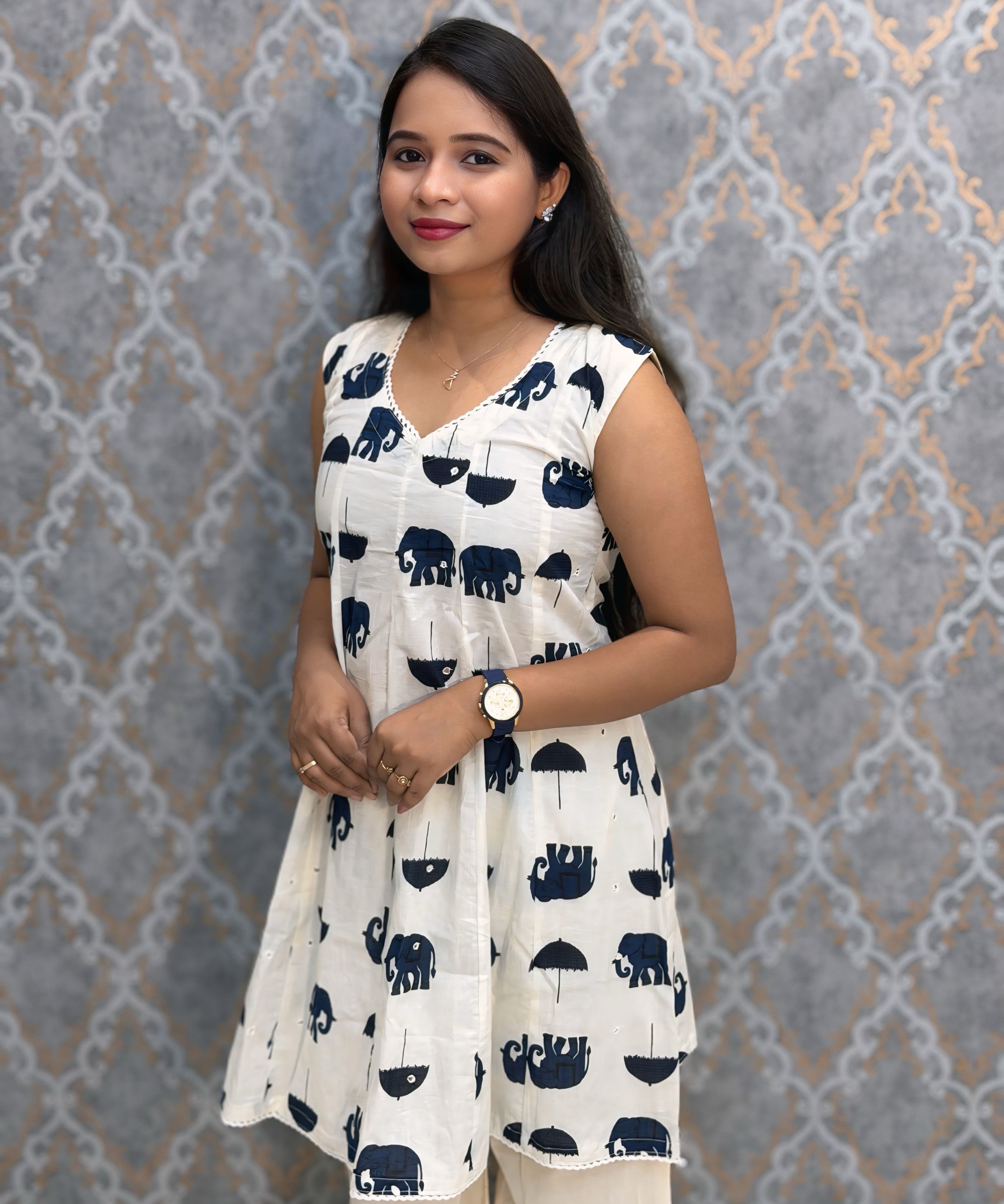 White and Navy Blue Color Premium Mul Cotton Coord Set with Sleeves / ESS417