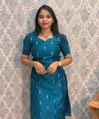 Peacock Blue and Pink Color Premium Raw Silk 3 Piece Salwar Set with Lining / LSS194