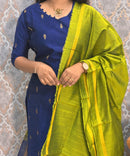 Navy Blue and Green Color with Thilagam Zari Premium Raw Silk 3 Piece Salwar Set with Lining / LSS194