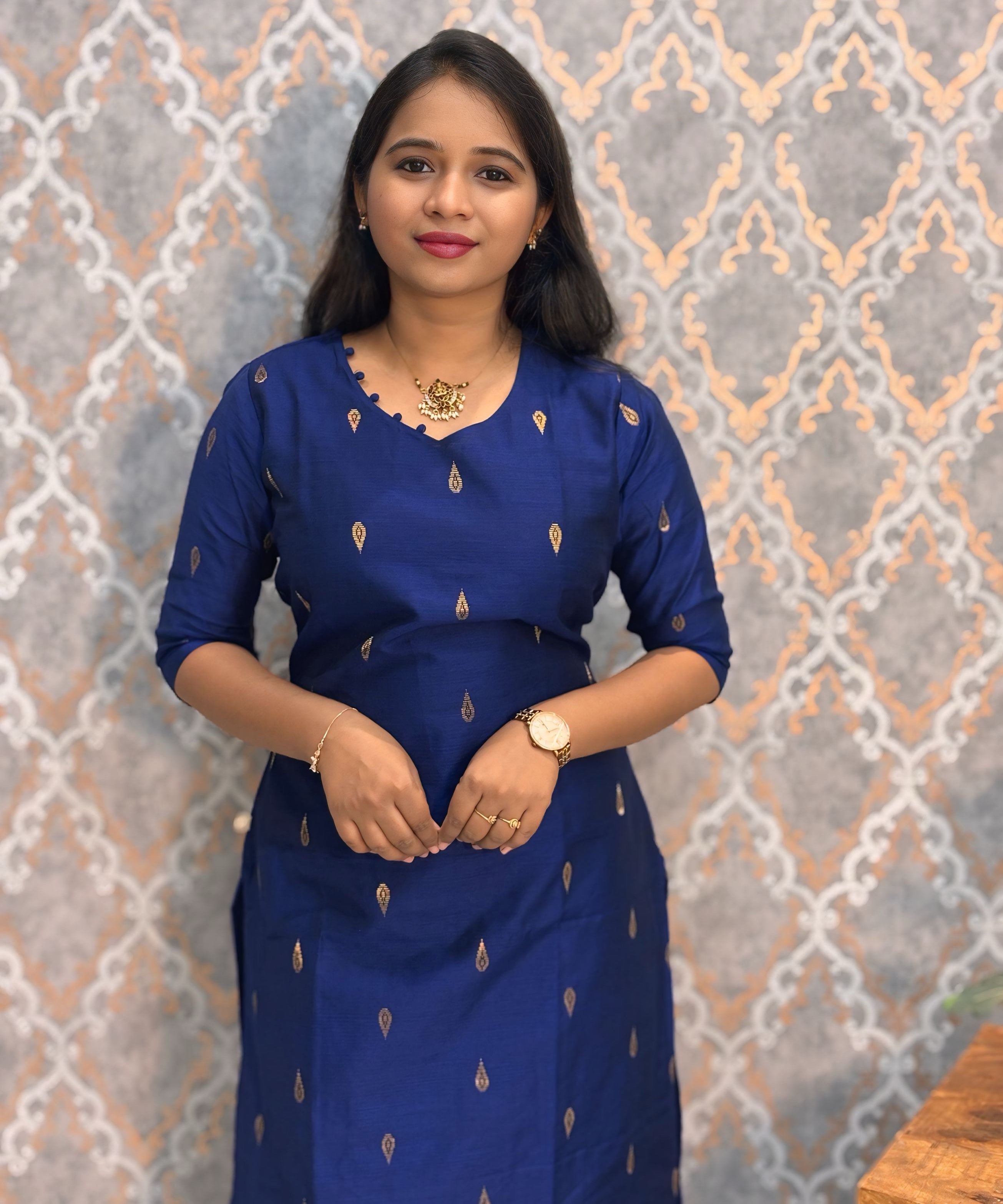 Navy Blue and Green Color with Thilagam Zari Premium Raw Silk 3 Piece Salwar Set with Lining / LSS194