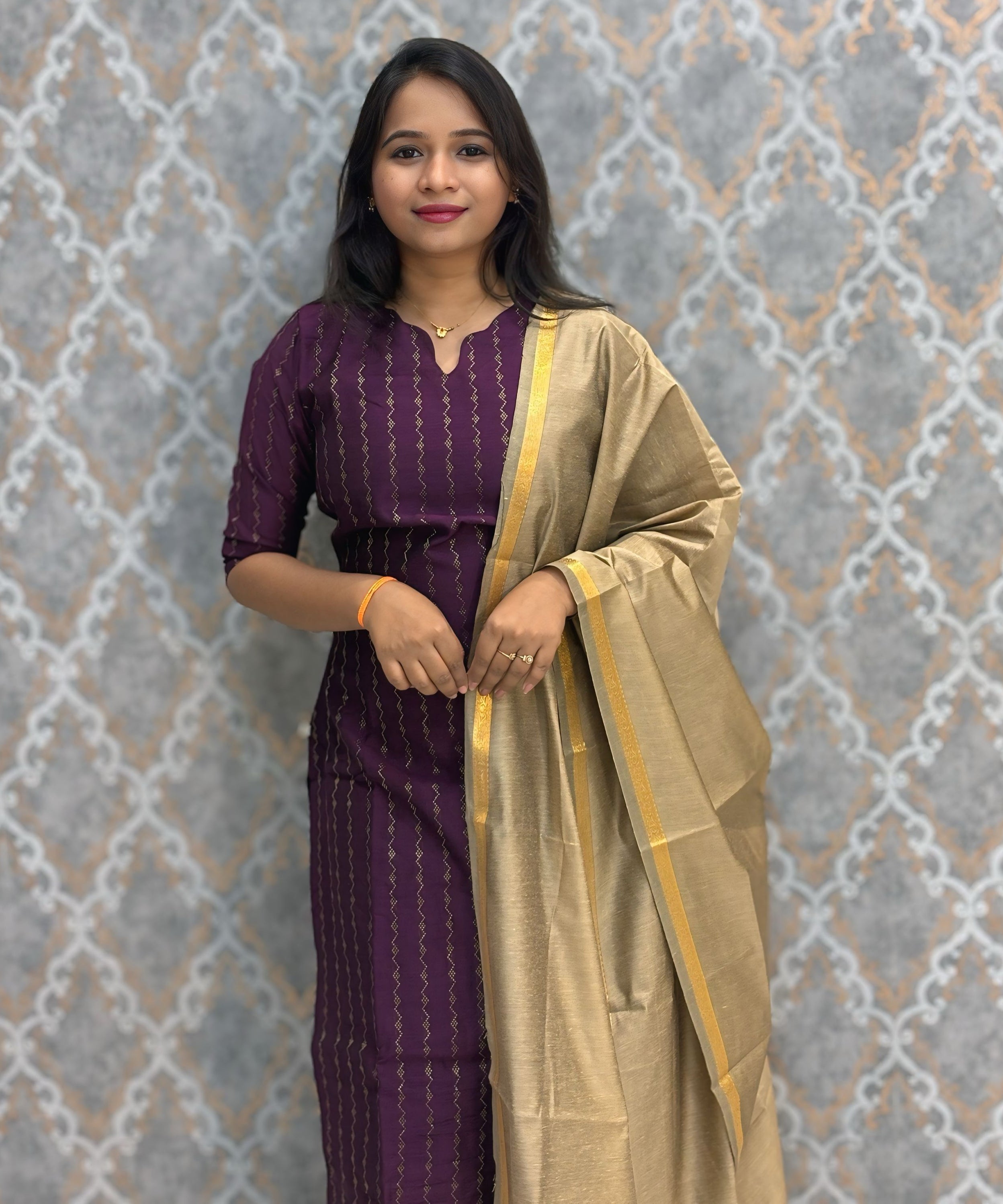 Dark Purple Color Premium Raw Silk 3 Piece Salwar Set with Lining / LSS194