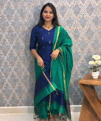 Navy Blue and Rama Green Color  Premium Raw Silk 3 Piece Salwar Set with Lining / LSS194