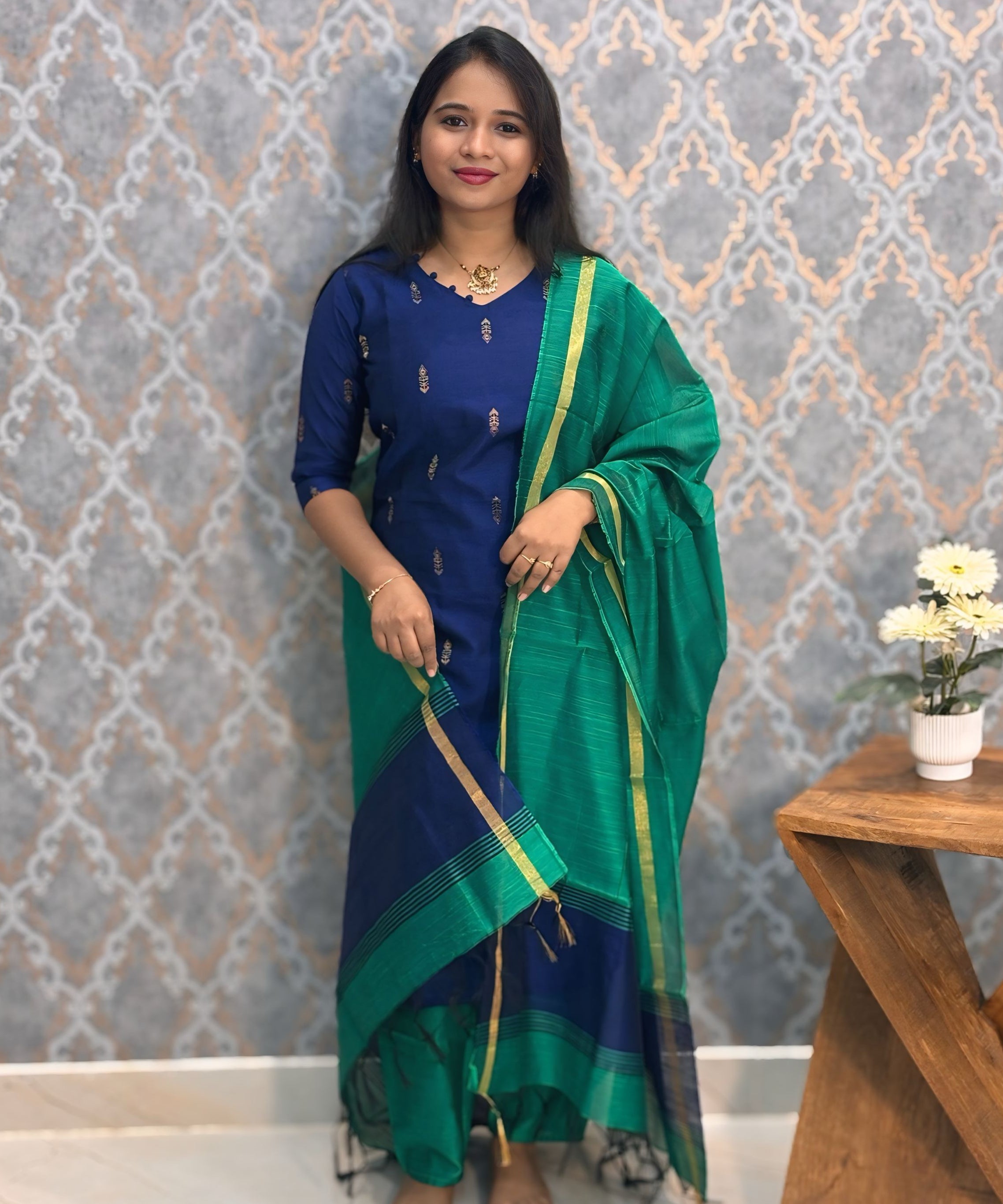 Navy Blue and Rama Green Color  Premium Raw Silk 3 Piece Salwar Set with Lining / LSS194