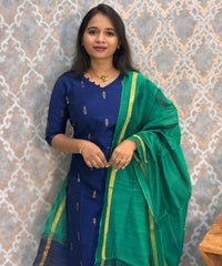 Navy Blue and Rama Green Color  Premium Raw Silk 3 Piece Salwar Set with Lining / LSS194