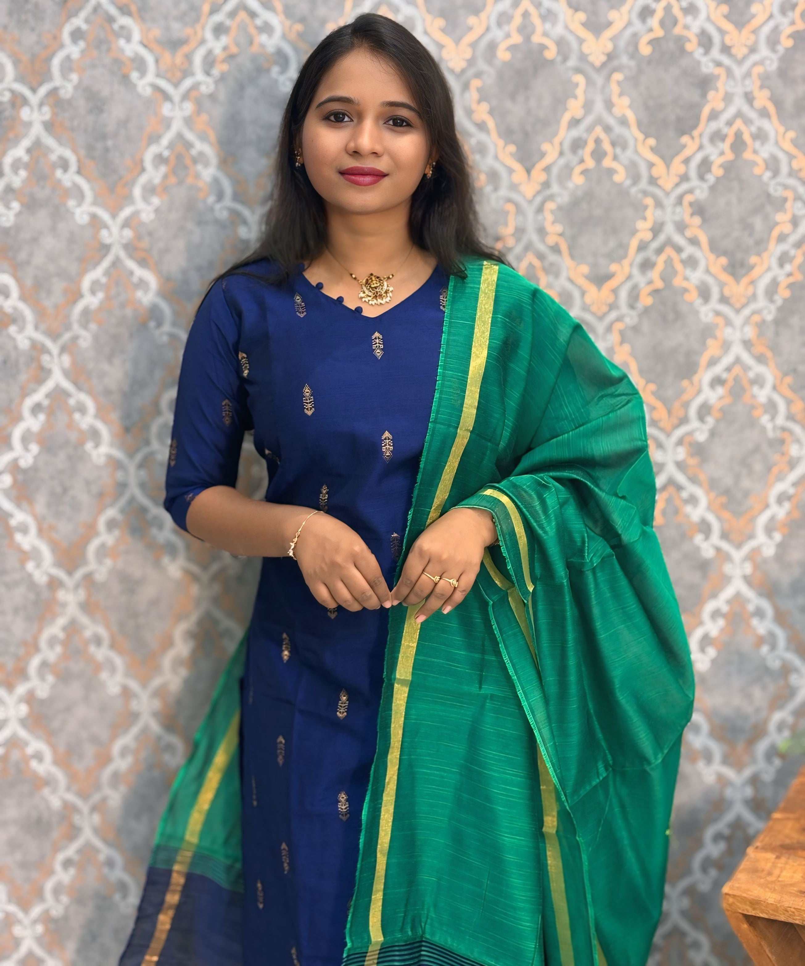 Navy Blue and Rama Green Color  Premium Raw Silk 3 Piece Salwar Set with Lining / LSS194