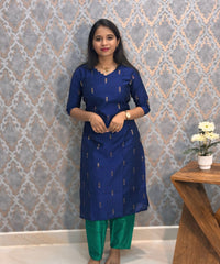 Navy Blue and Rama Green Color  Premium Raw Silk 3 Piece Salwar Set with Lining / LSS194