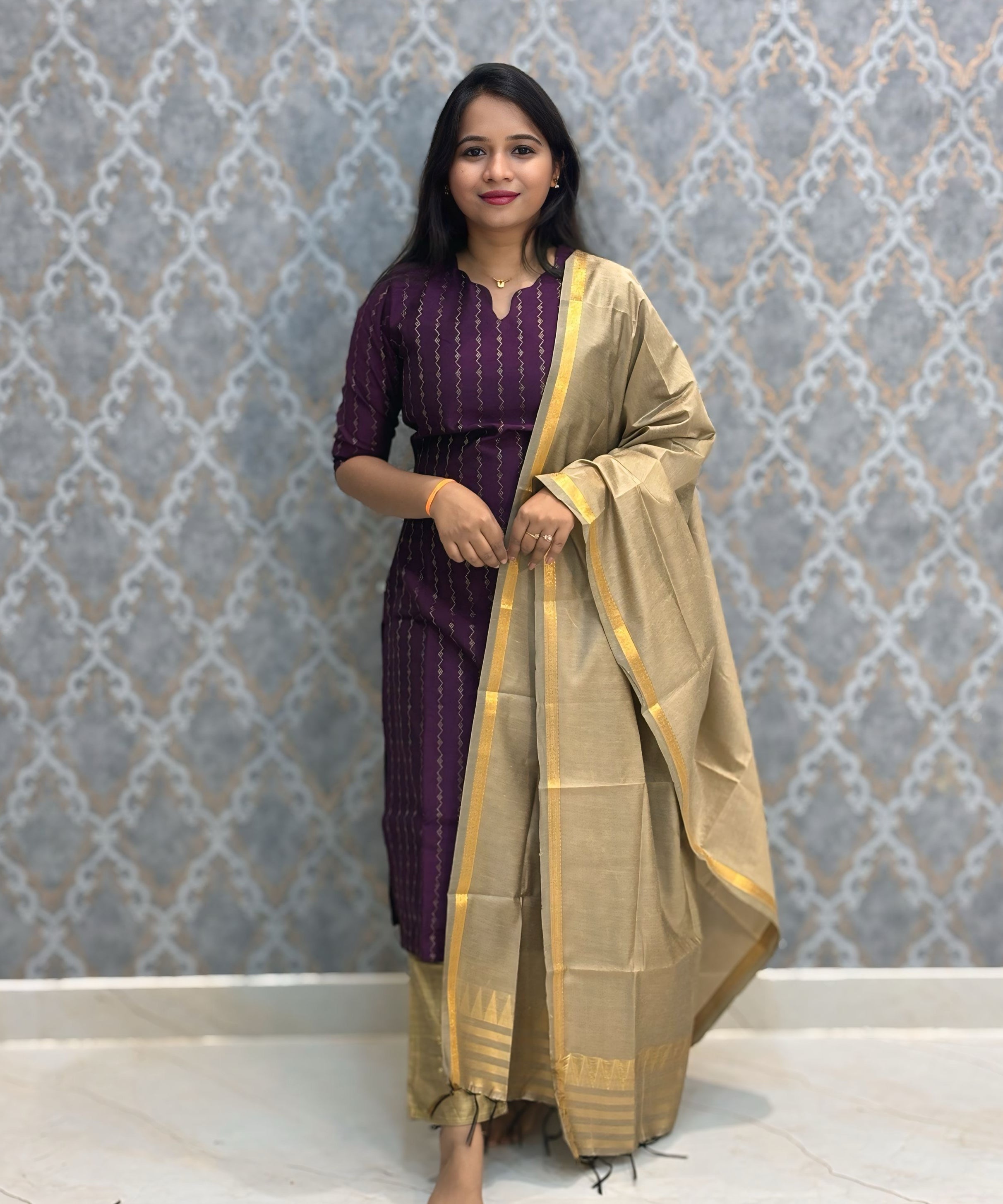 Dark Purple Color Premium Raw Silk 3 Piece Salwar Set with Lining / LSS194