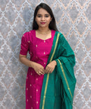 Pink and Rama Green Color Premium Raw Silk 3 Piece Salwar Set with Lining / LSS194