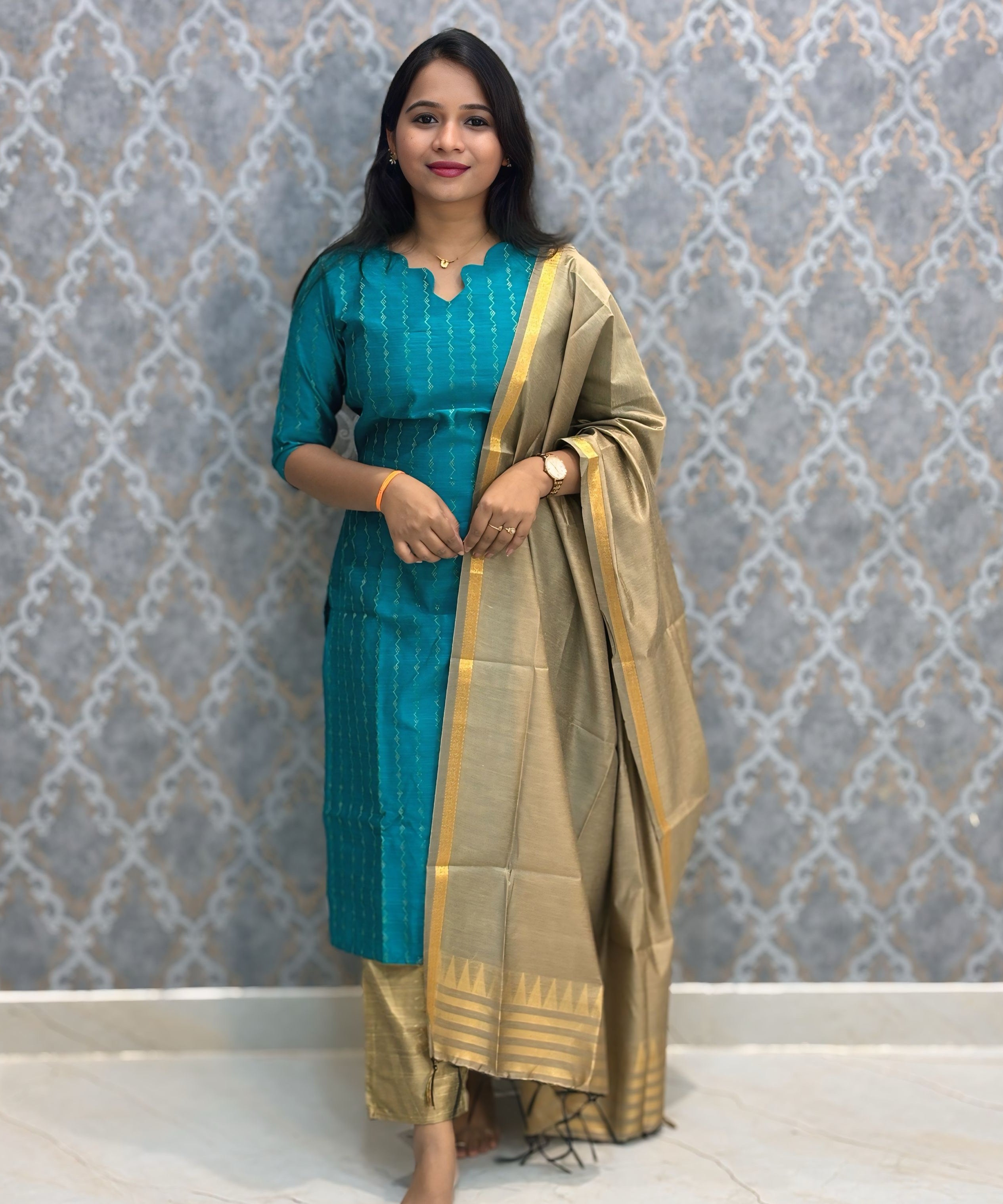 Rama Green Color Premium Raw Silk 3 Piece Salwar Set with Lining / LSS194