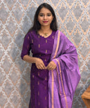 Dark Purple with Violet Color Premium Raw Silk 3 Piece Salwar Set with Lining / LSS194