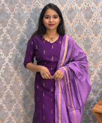 Dark Purple with Violet Color Premium Raw Silk 3 Piece Salwar Set with Lining / LSS194