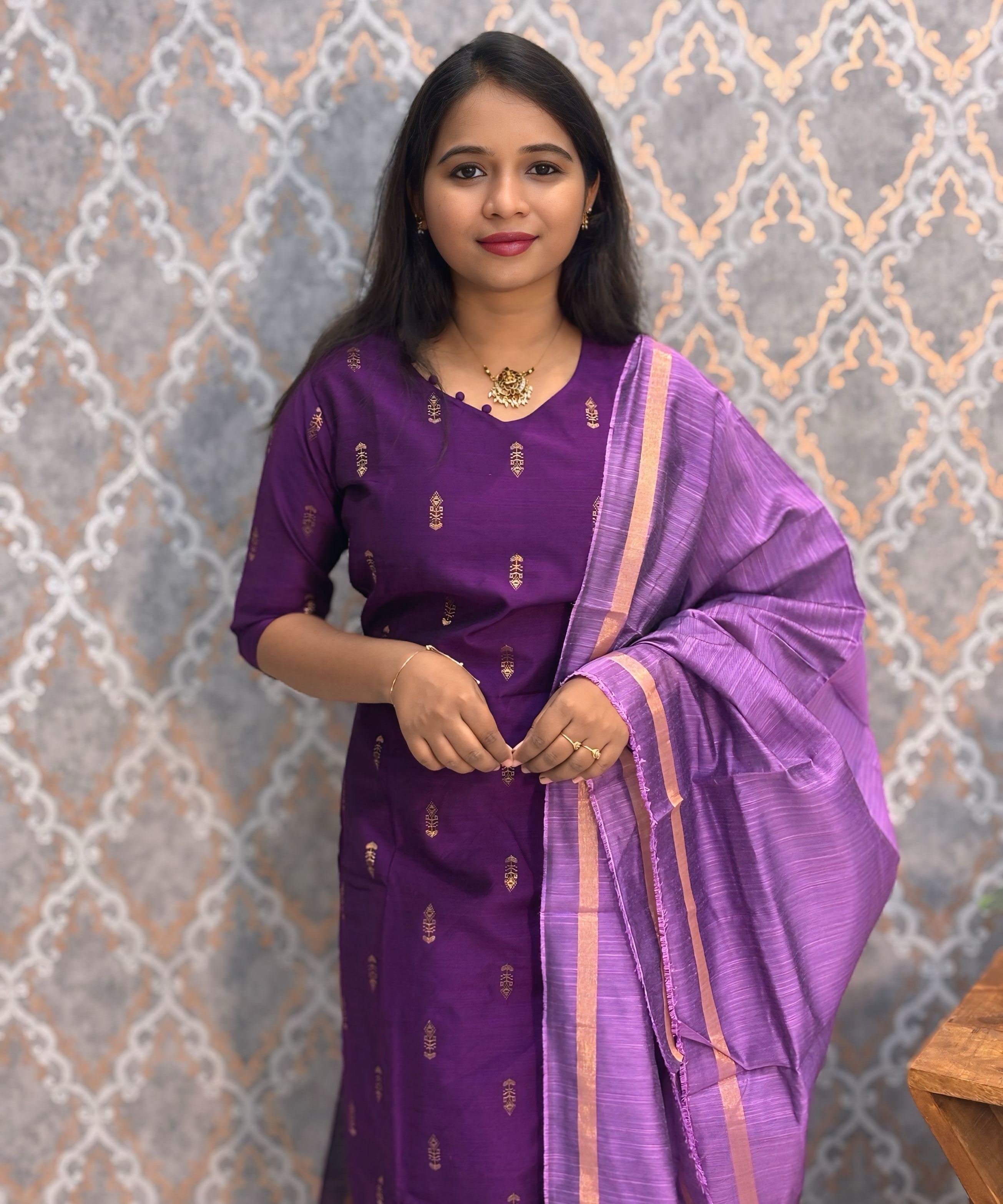 Dark Purple with Violet Color Premium Raw Silk 3 Piece Salwar Set with Lining / LSS194