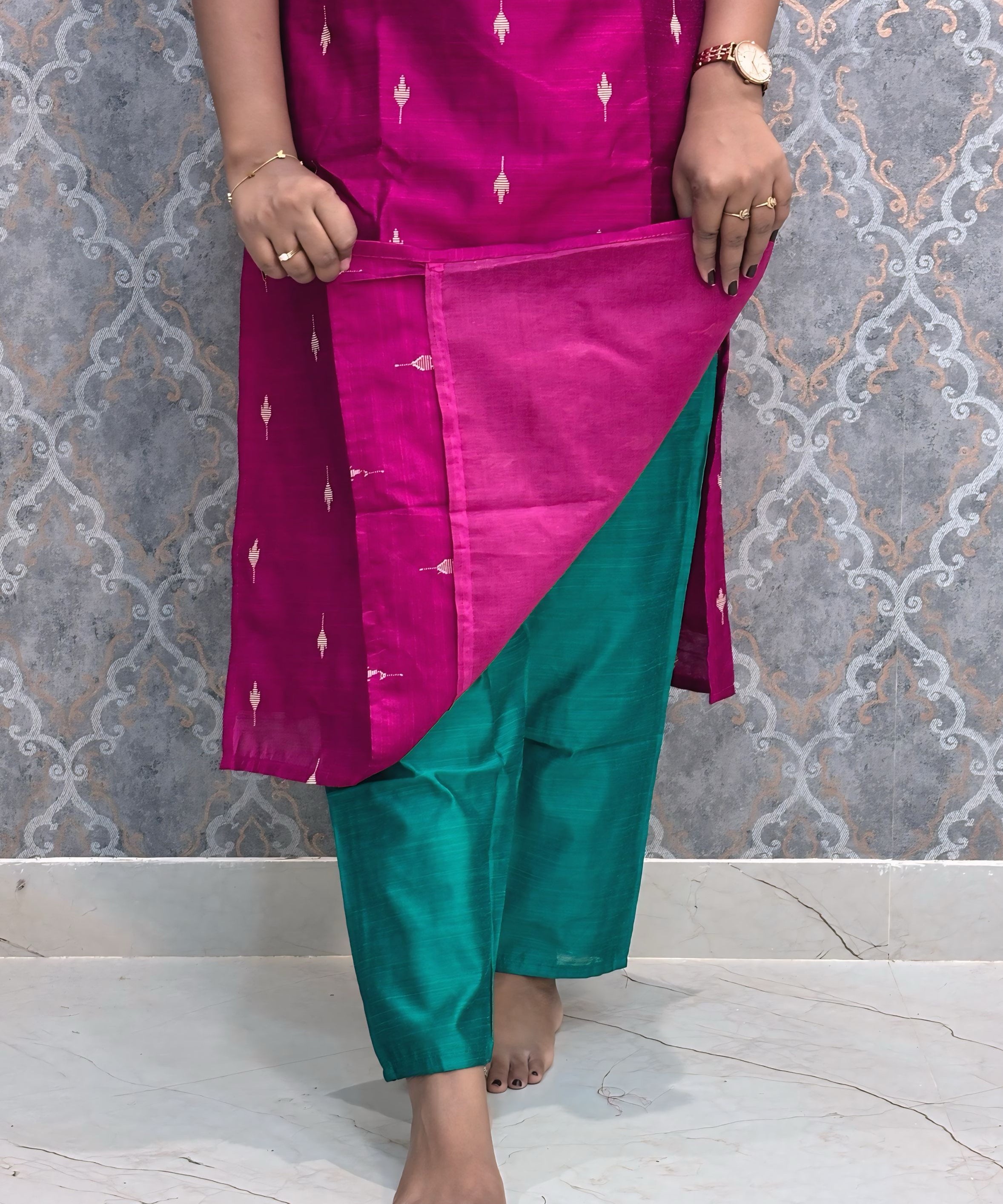 Pink and Rama Green Color Premium Raw Silk 3 Piece Salwar Set with Lining / LSS194