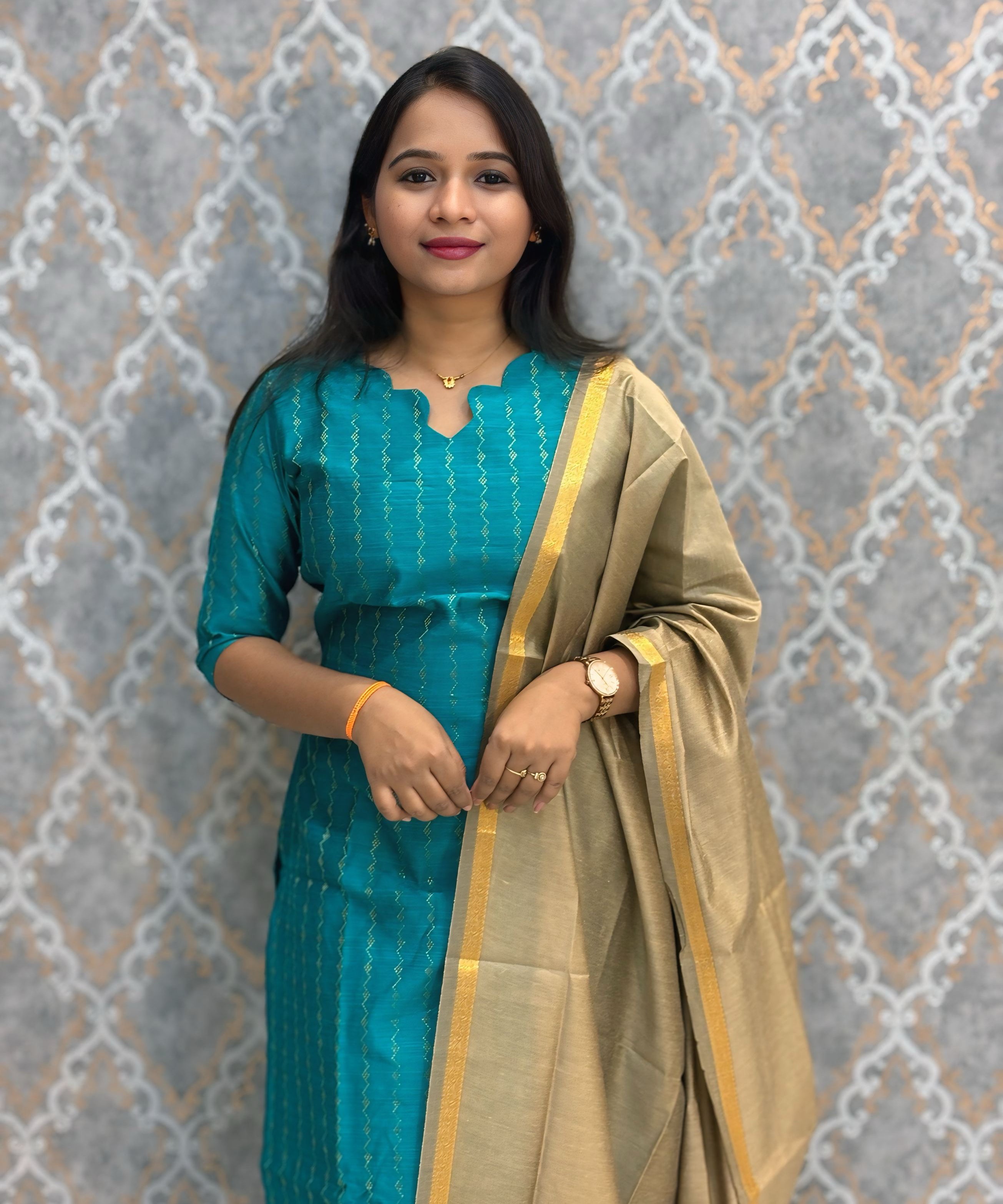 Rama Green Color Premium Raw Silk 3 Piece Salwar Set with Lining / LSS194