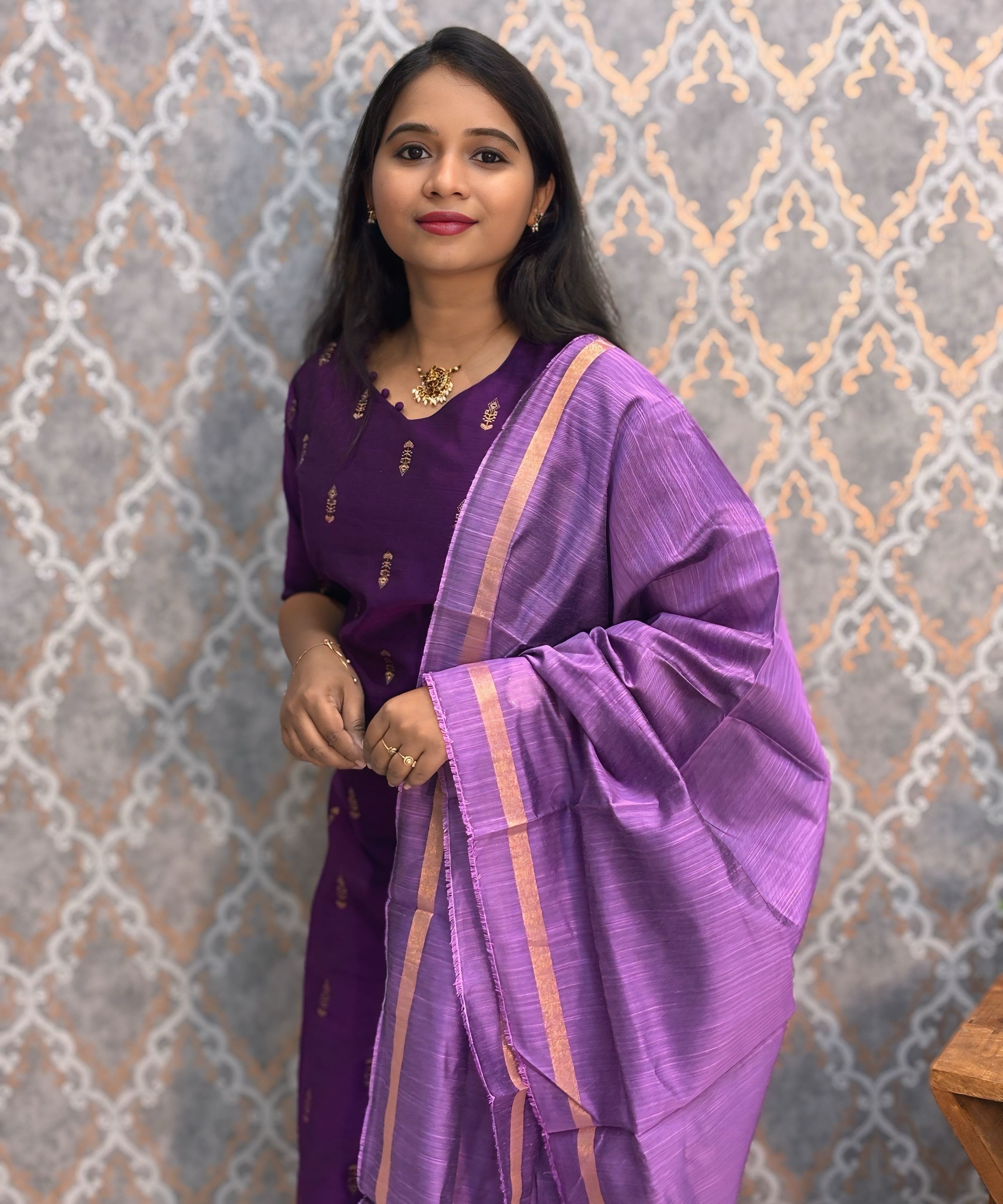 Dark Purple with Violet Color Premium Raw Silk 3 Piece Salwar Set with Lining / LSS194