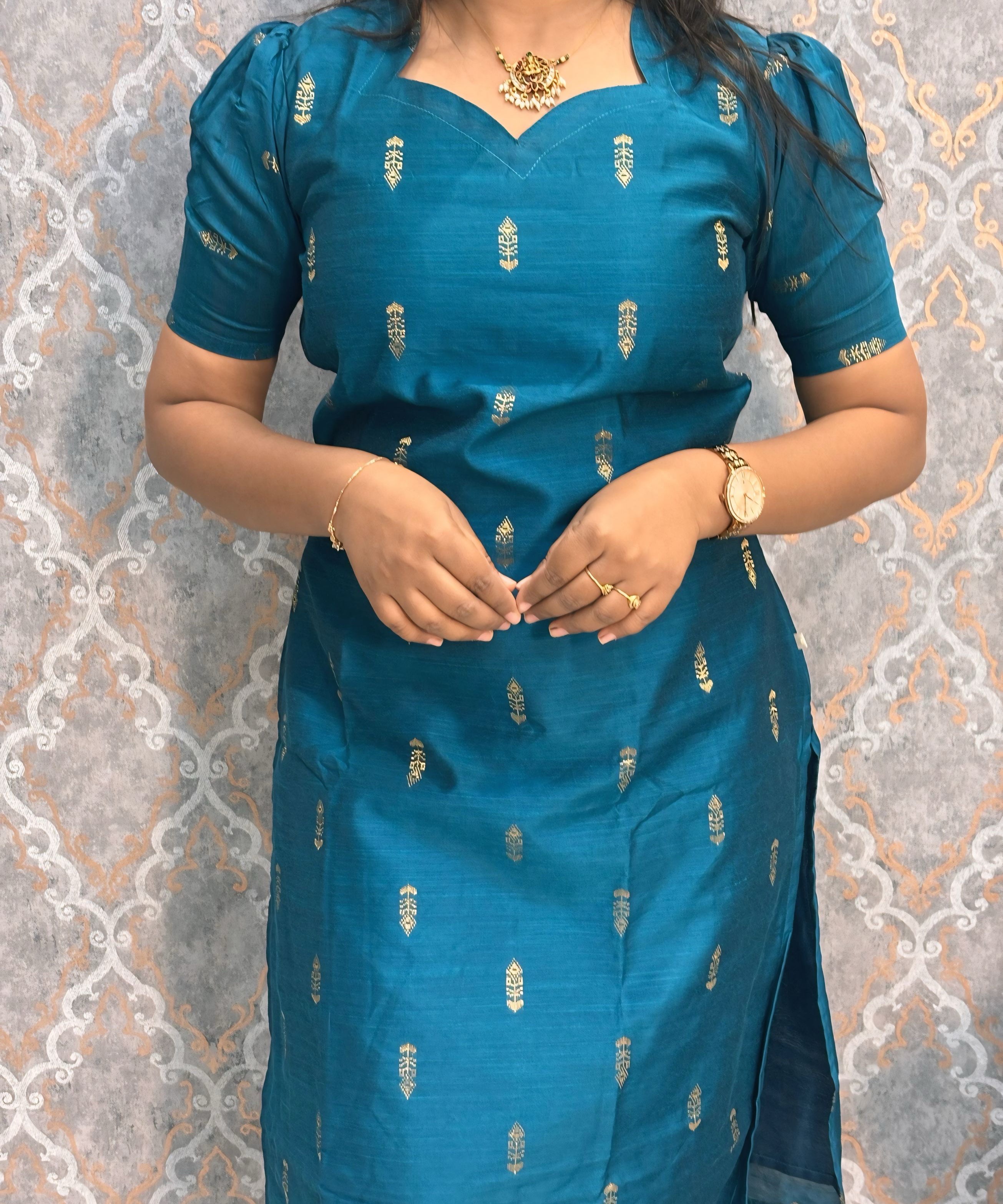 Peacock Blue and Pink Color Premium Raw Silk 3 Piece Salwar Set with Lining / LSS194