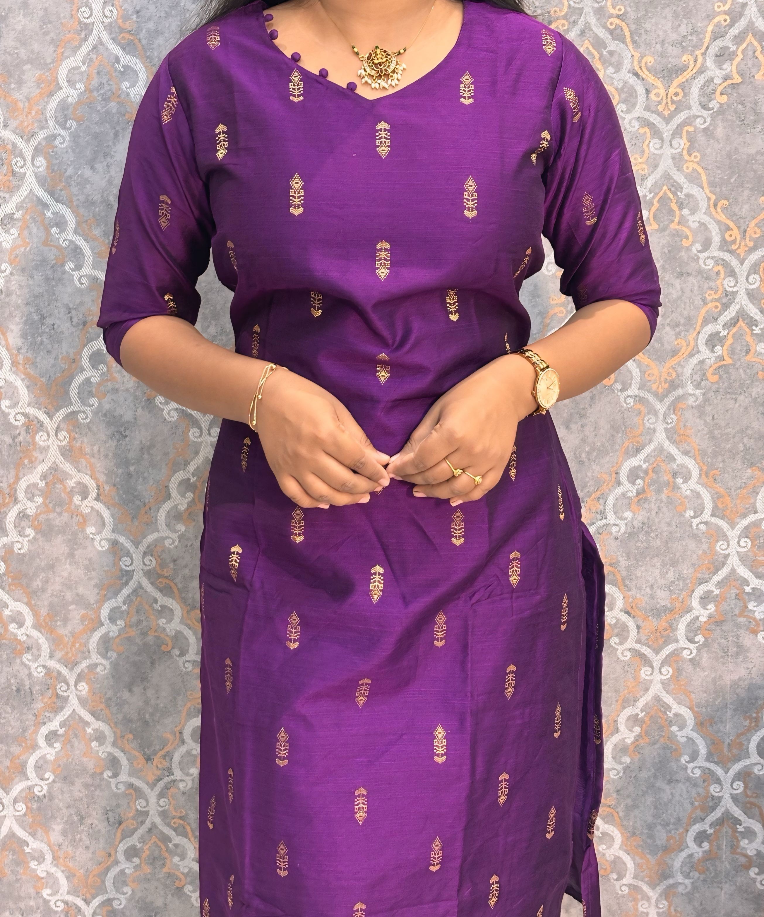 Dark Purple with Violet Color Premium Raw Silk 3 Piece Salwar Set with Lining / LSS194