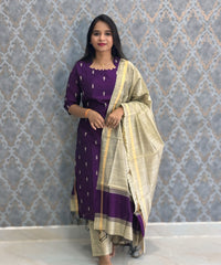 Dark Purple and Beige Color Premium Raw Silk 3 Piece Salwar Set with Lining / LSS194