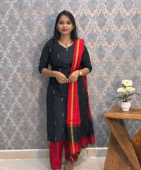 Black and Red Color Premium Raw Silk 3 Piece Salwar Set with Lining / LSS194