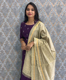 Dark Purple and Beige Color Premium Raw Silk 3 Piece Salwar Set with Lining / LSS194