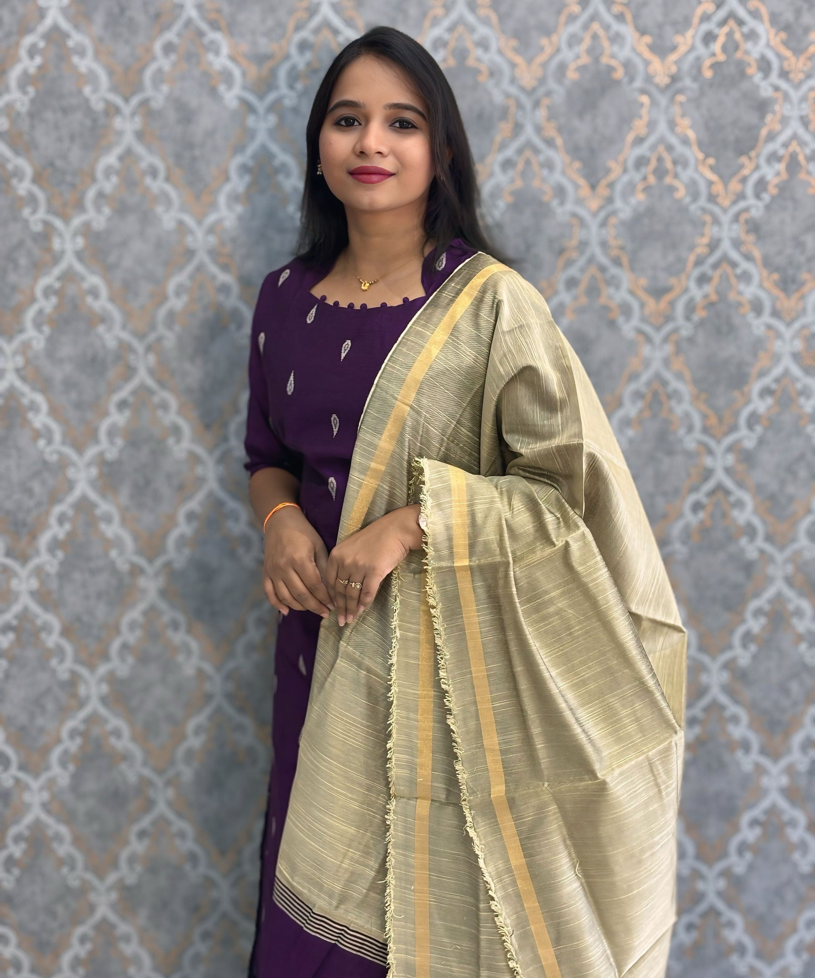 Dark Purple and Beige Color Premium Raw Silk 3 Piece Salwar Set with Lining / LSS194