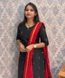 Black and Red Color Premium Raw Silk 3 Piece Salwar Set with Lining / LSS194