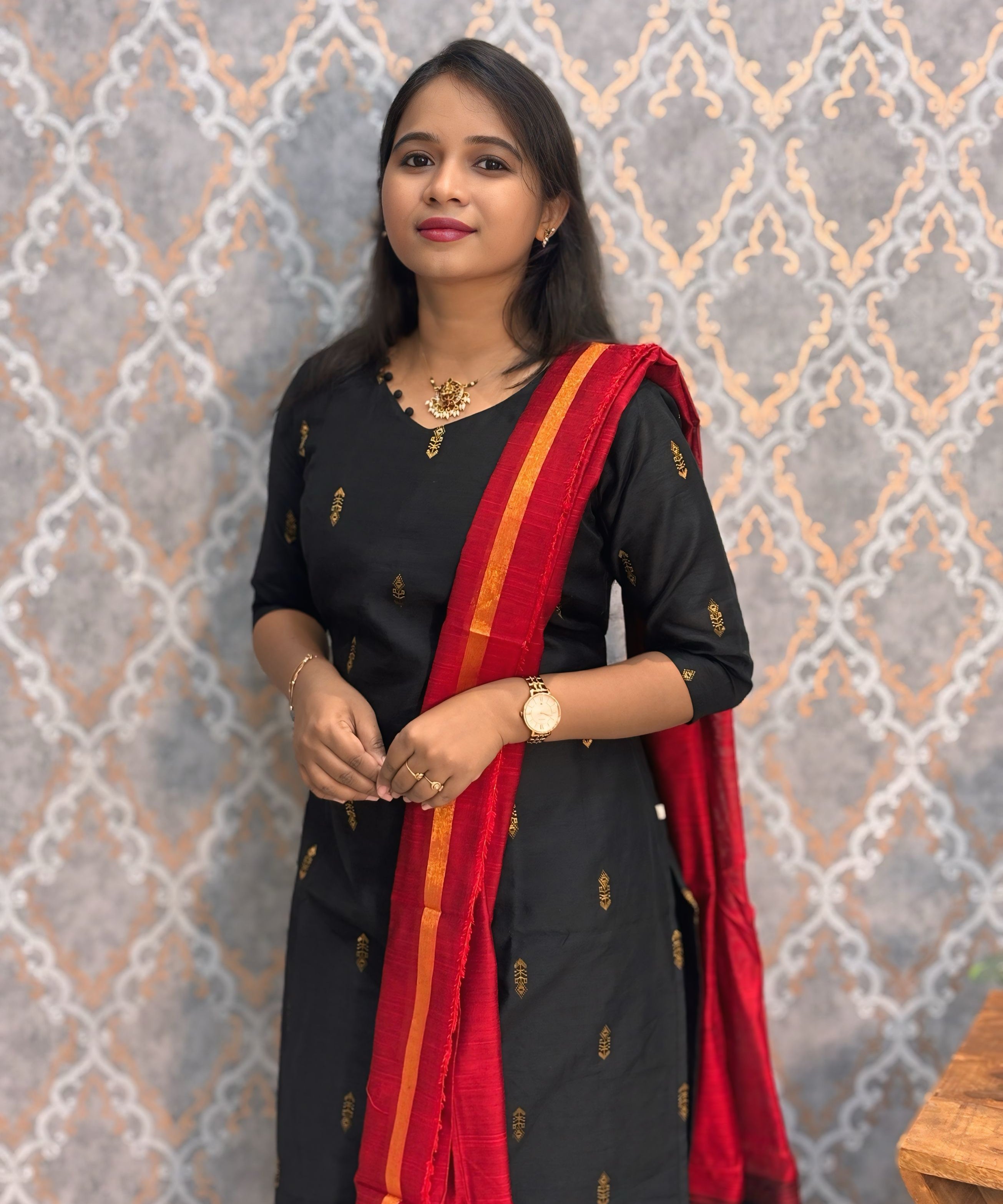 Black and Red Color Premium Raw Silk 3 Piece Salwar Set with Lining / LSS194