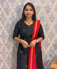 Black and Red Color Premium Raw Silk 3 Piece Salwar Set with Lining / LSS194