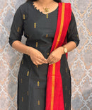 Black and Red Color Premium Raw Silk 3 Piece Salwar Set with Lining / LSS194