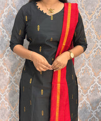 Black and Red Color Premium Raw Silk 3 Piece Salwar Set with Lining / LSS194