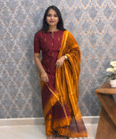 Maroon and Mustard Yellow Color Round Neck Premium Raw Silk 3 Piece Salwar Set with Lining / LSS194