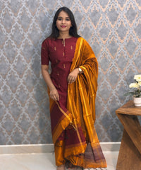 Maroon and Mustard Yellow Color Round Neck Premium Raw Silk 3 Piece Salwar Set with Lining / LSS194