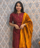 Maroon and Mustard Yellow Color Round Neck Premium Raw Silk 3 Piece Salwar Set with Lining / LSS194