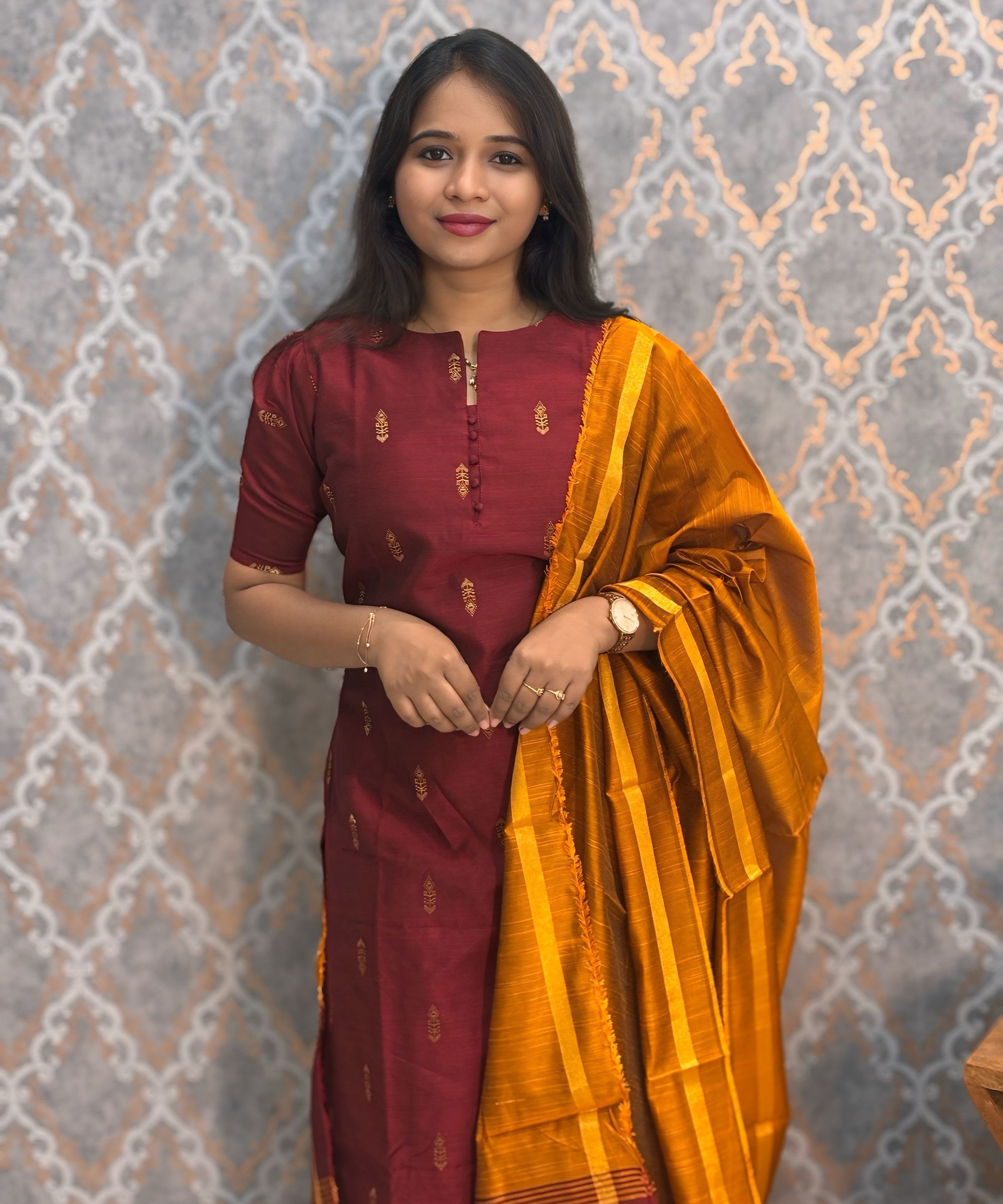 Maroon and Mustard Yellow Color Round Neck Premium Raw Silk 3 Piece Salwar Set with Lining / LSS194