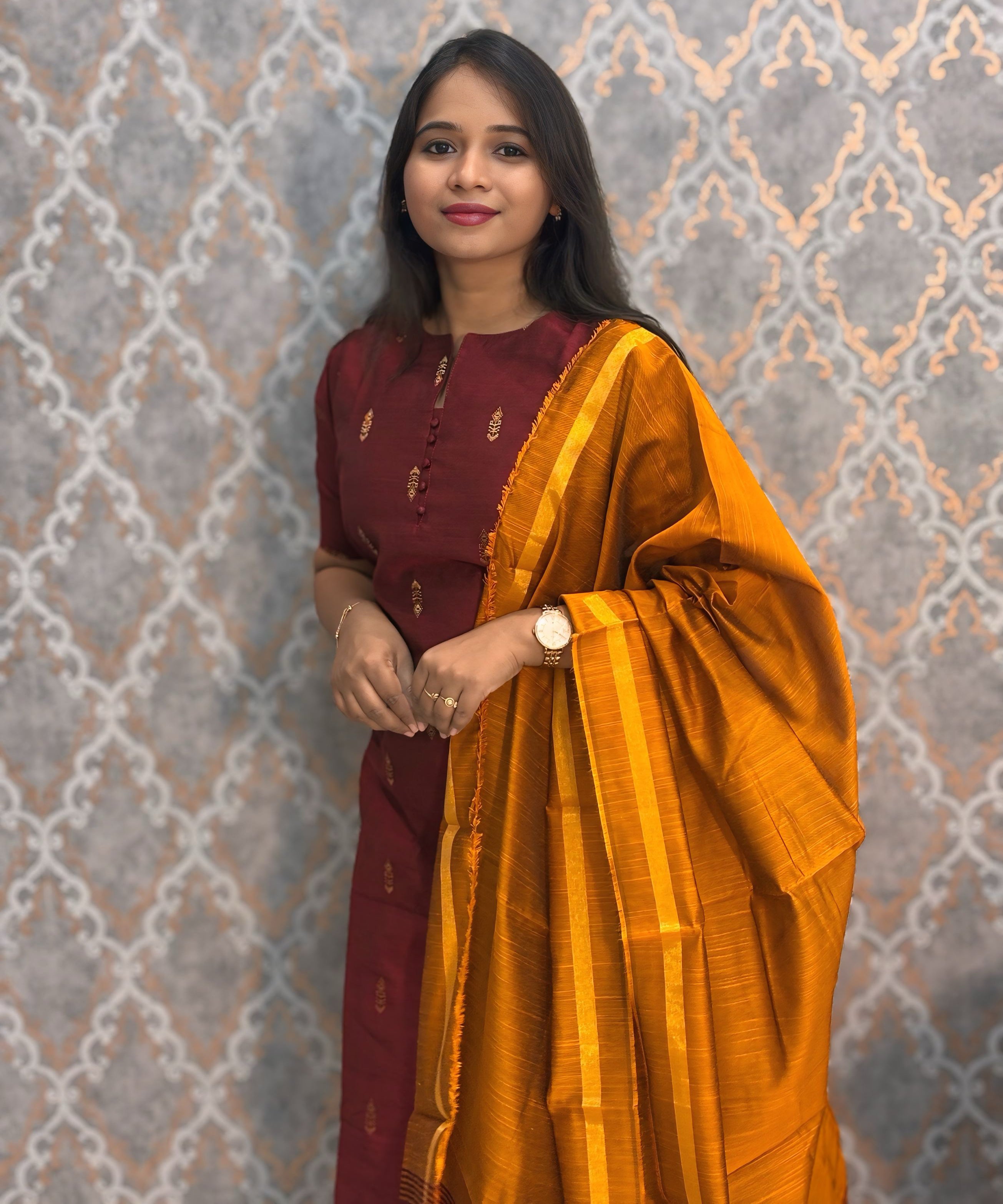 Maroon and Mustard Yellow Color Round Neck Premium Raw Silk 3 Piece Salwar Set with Lining / LSS194