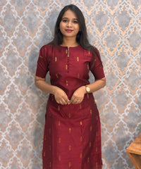 Maroon and Mustard Yellow Color Round Neck Premium Raw Silk 3 Piece Salwar Set with Lining / LSS194