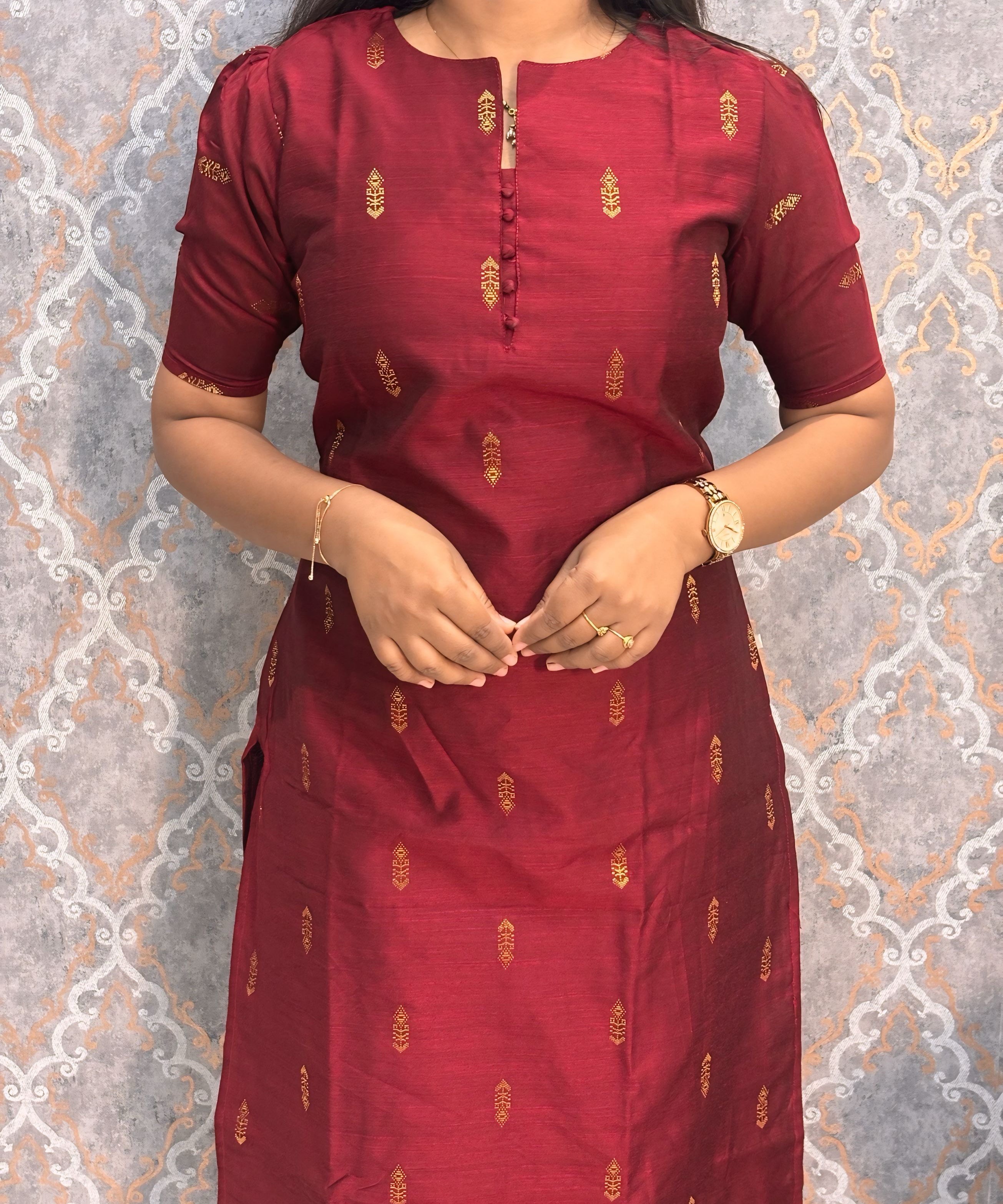 Maroon and Mustard Yellow Color Round Neck Premium Raw Silk 3 Piece Salwar Set with Lining / LSS194