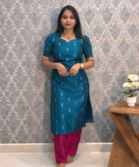 Peacock Blue and Pink Color Premium Raw Silk 3 Piece Salwar Set with Lining / LSS194