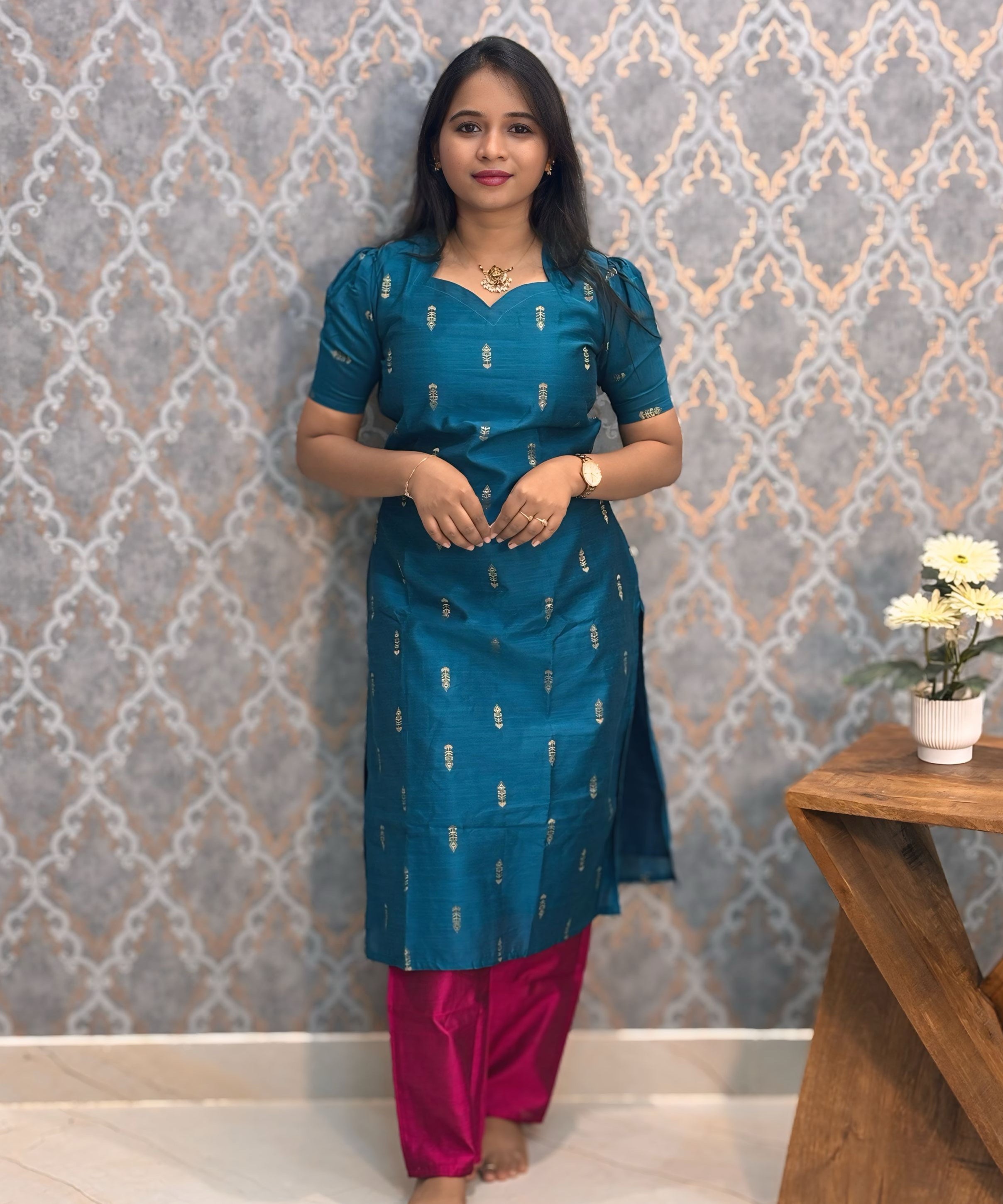 Peacock Blue and Pink Color Premium Raw Silk 3 Piece Salwar Set with Lining / LSS194