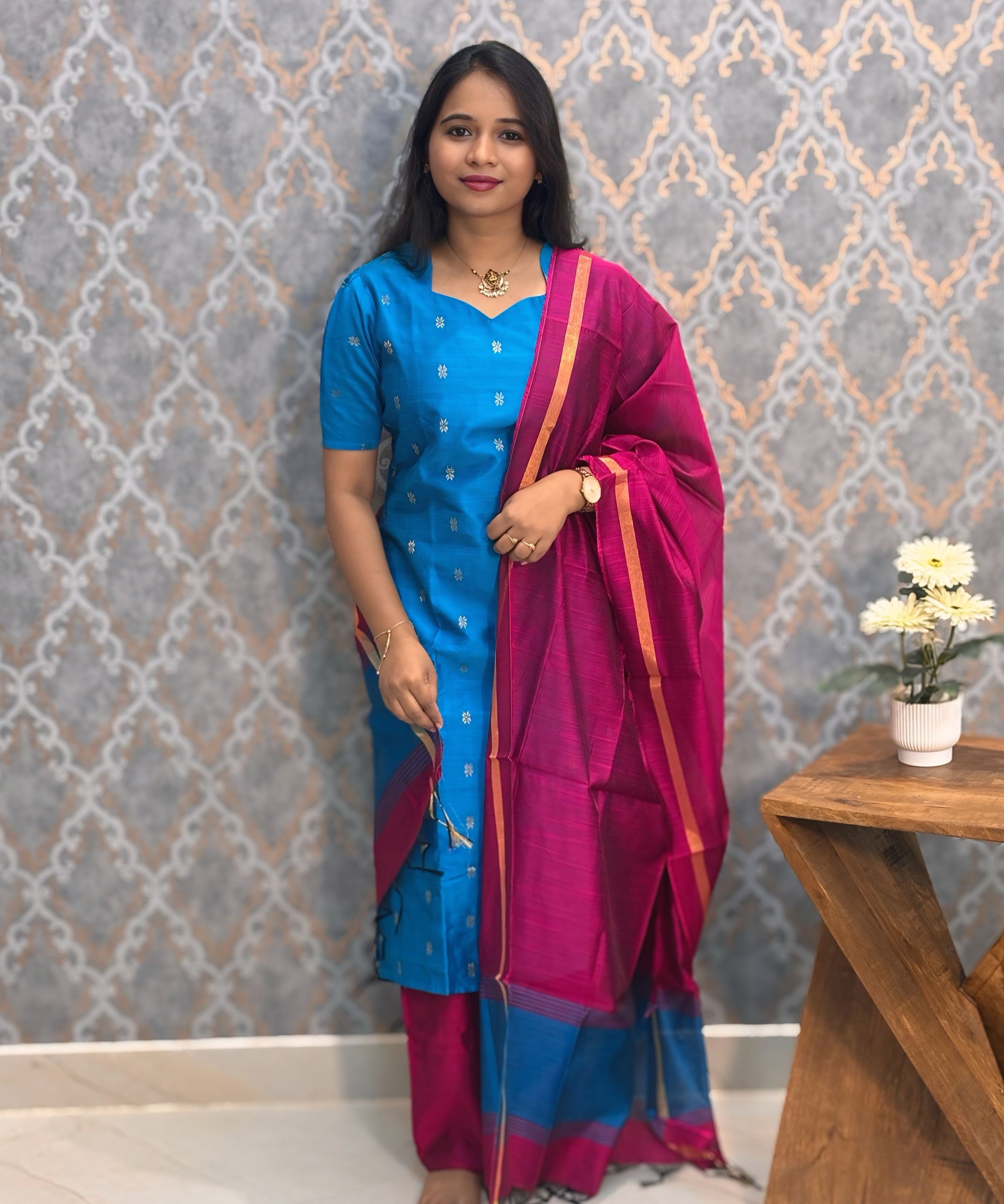 Blue and Pink Color Premium Raw Silk 3 Piece Salwar Set with Lining / LSS194