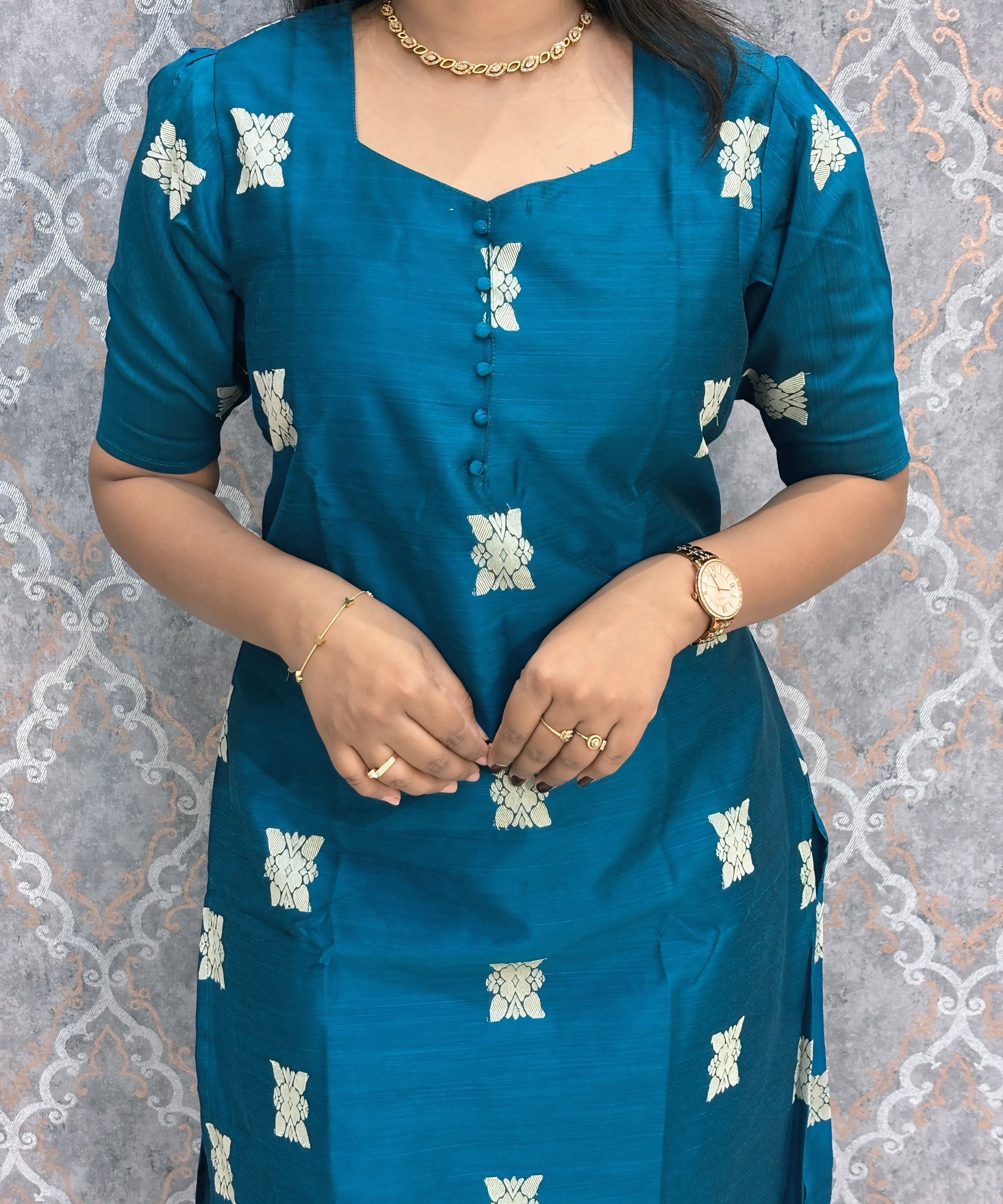 Peacock Blue and Pink Color Premium Raw Silk 3 Piece Salwar Set with Lining / LSS194