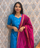 Blue and Pink Color Premium Raw Silk 3 Piece Salwar Set with Lining / LSS194