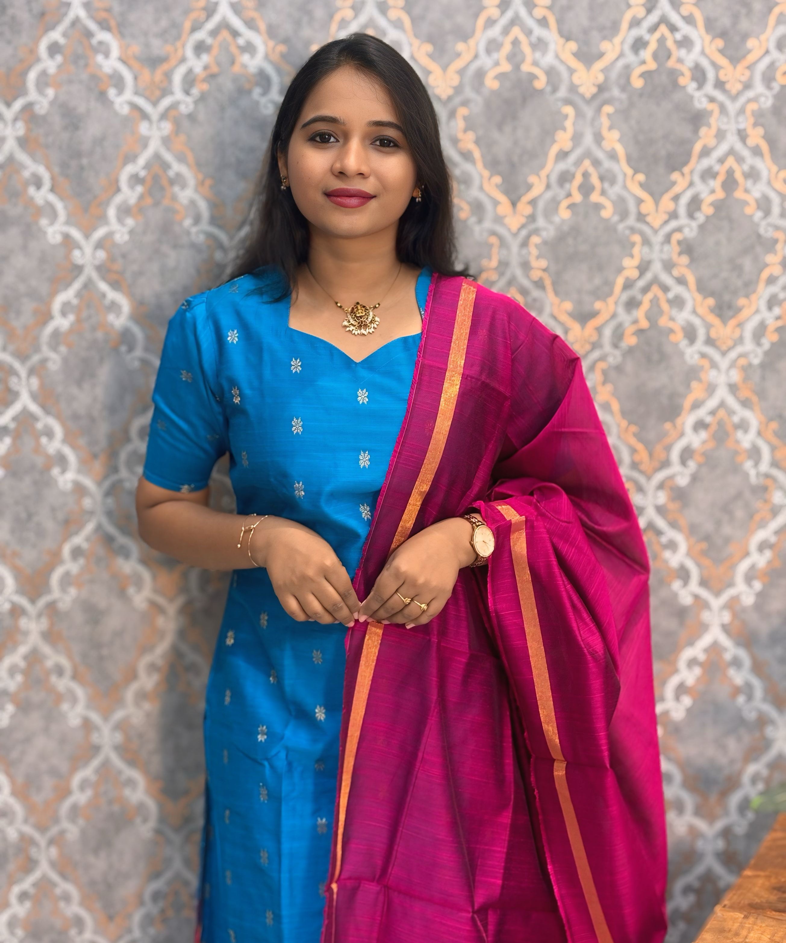 Blue and Pink Color Premium Raw Silk 3 Piece Salwar Set with Lining / LSS194